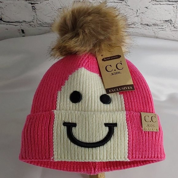 'C.C BEANIE' 'LINED POM-POM'  BEANIE 'HAPPY FACE' - Picture 3 of 15